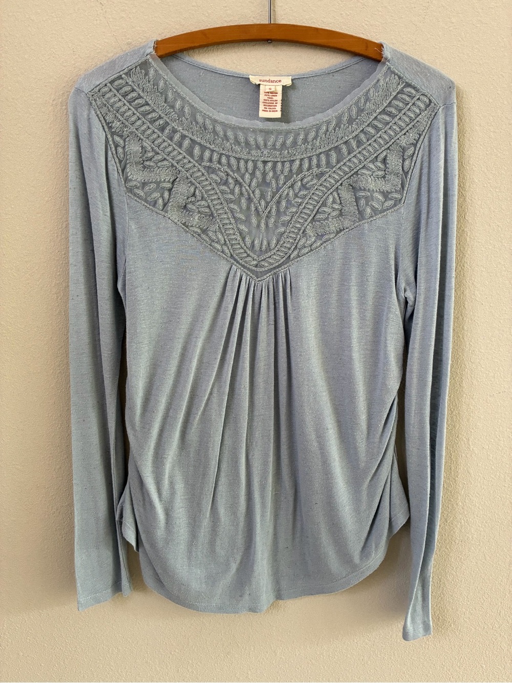 Sundance Slate Blue Slub Knit Long Sleeve Ruched Sides Embroidered Yoke Top S